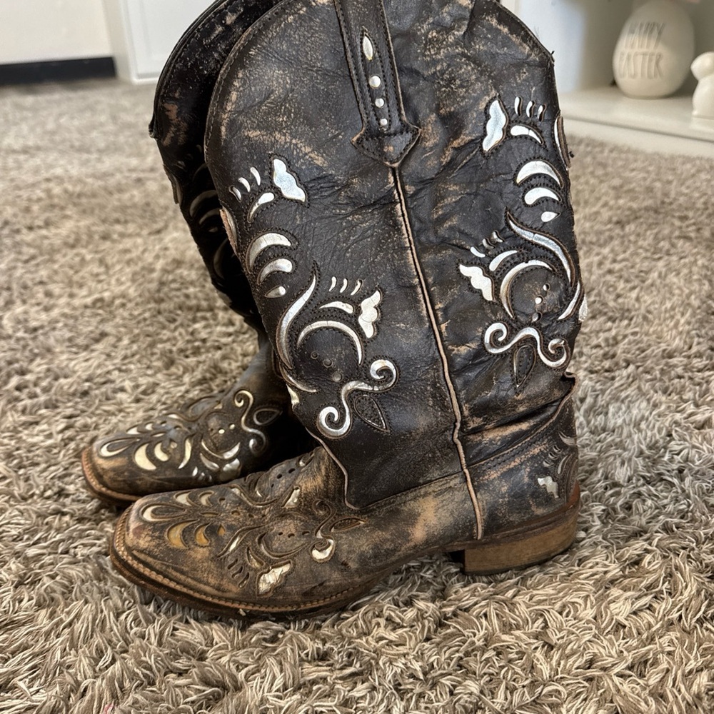 Roper Western Cowboy Boots Size 7.5 Distressed Silver Inlay Cowgirl Concert